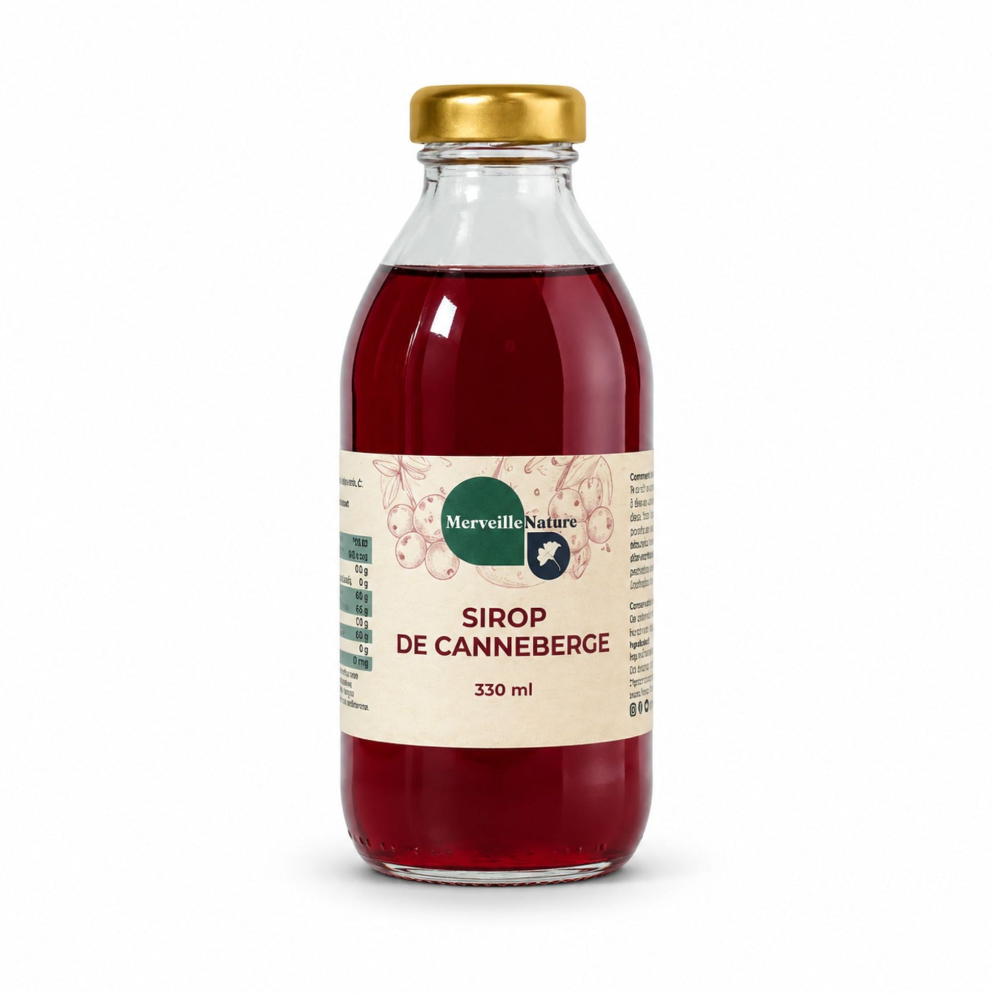 Bouteille de sirop de canneberge Merveille Nature 330 ml sur fond blanc, sirop artisanal fruité pour boissons, desserts et recettes maison.