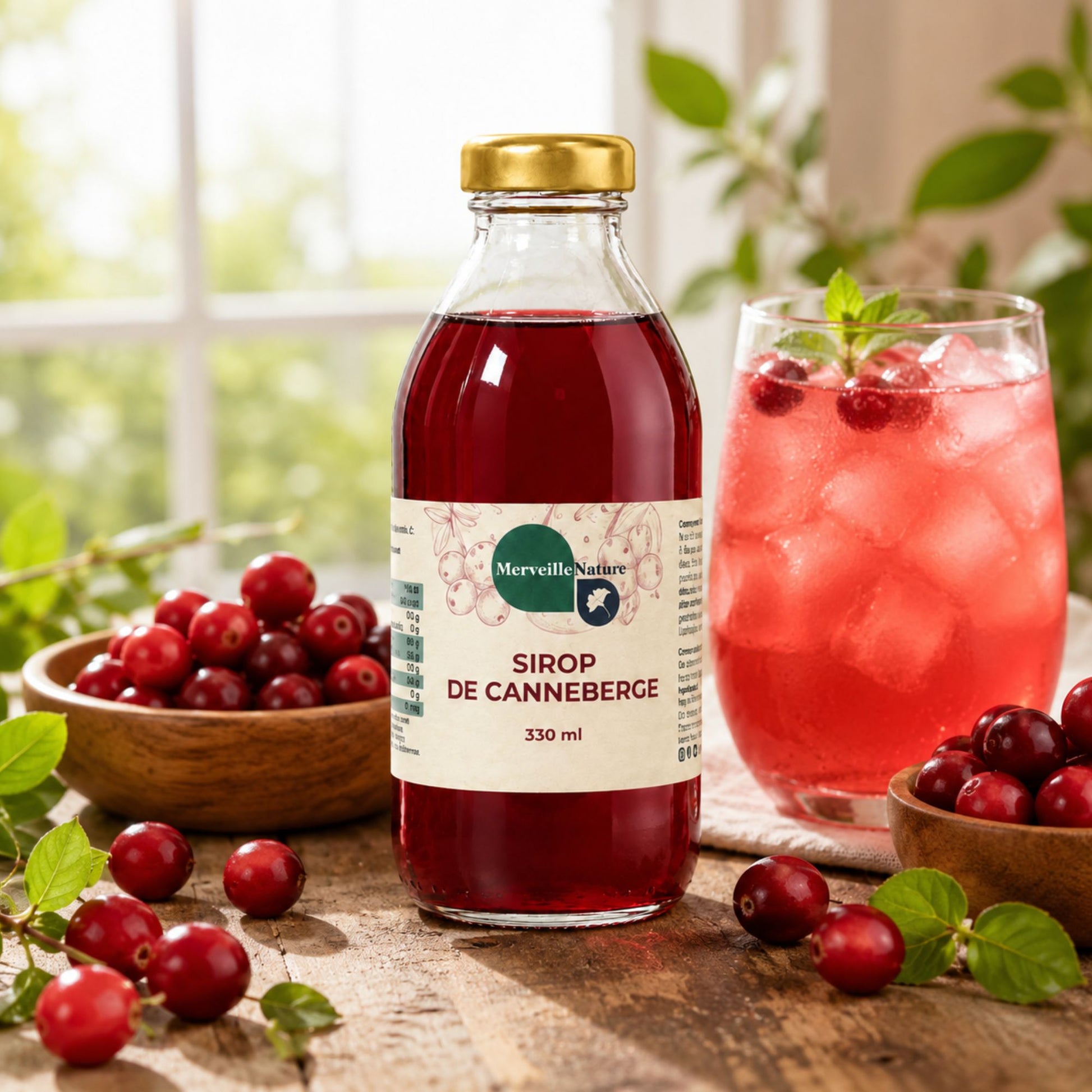 Bouteille de sirop de canneberge MerveilleNature avec canneberges fraîches et boisson glacée dans une ambiance naturelle, gourmande et rafraîchissante.
