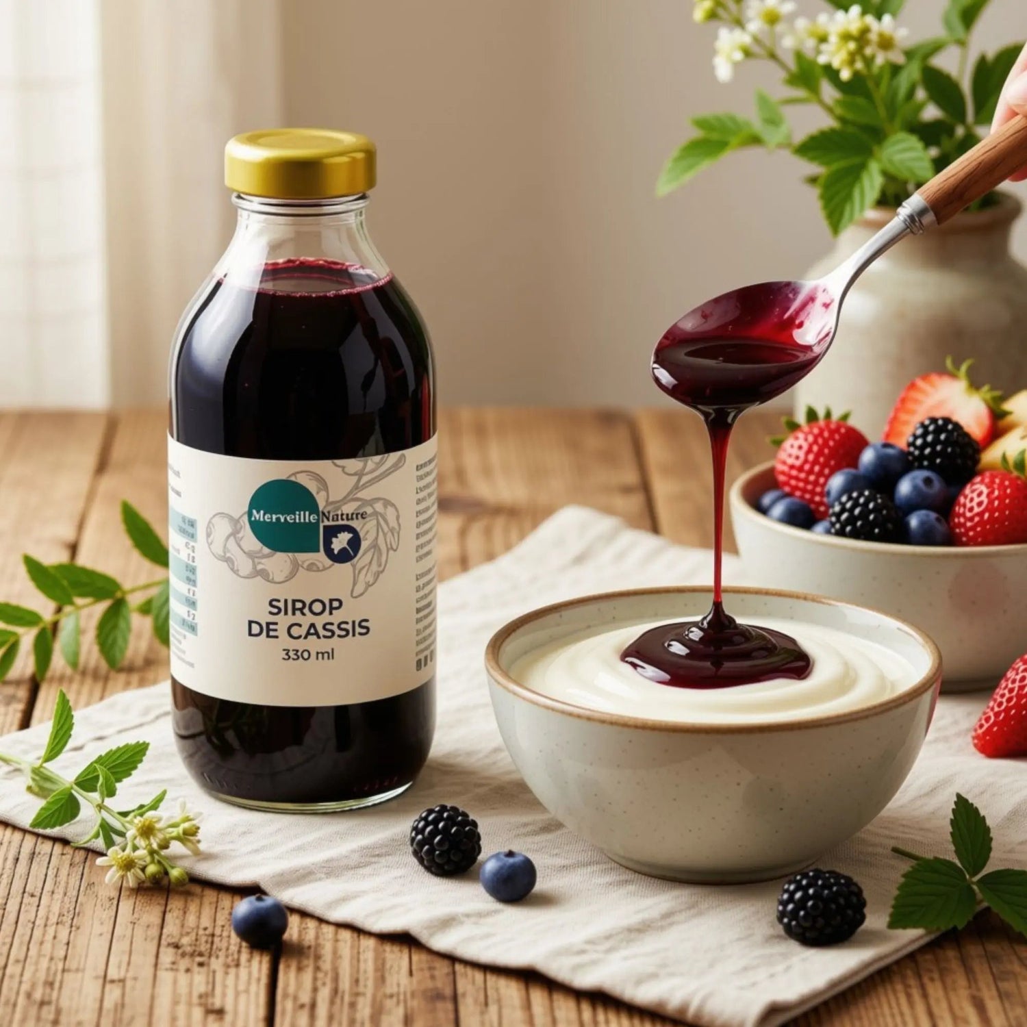 Sirop artisanal MerveilleNature versé sur un yaourt nature accompagné de fruits frais pour un dessert sain et gourmand.