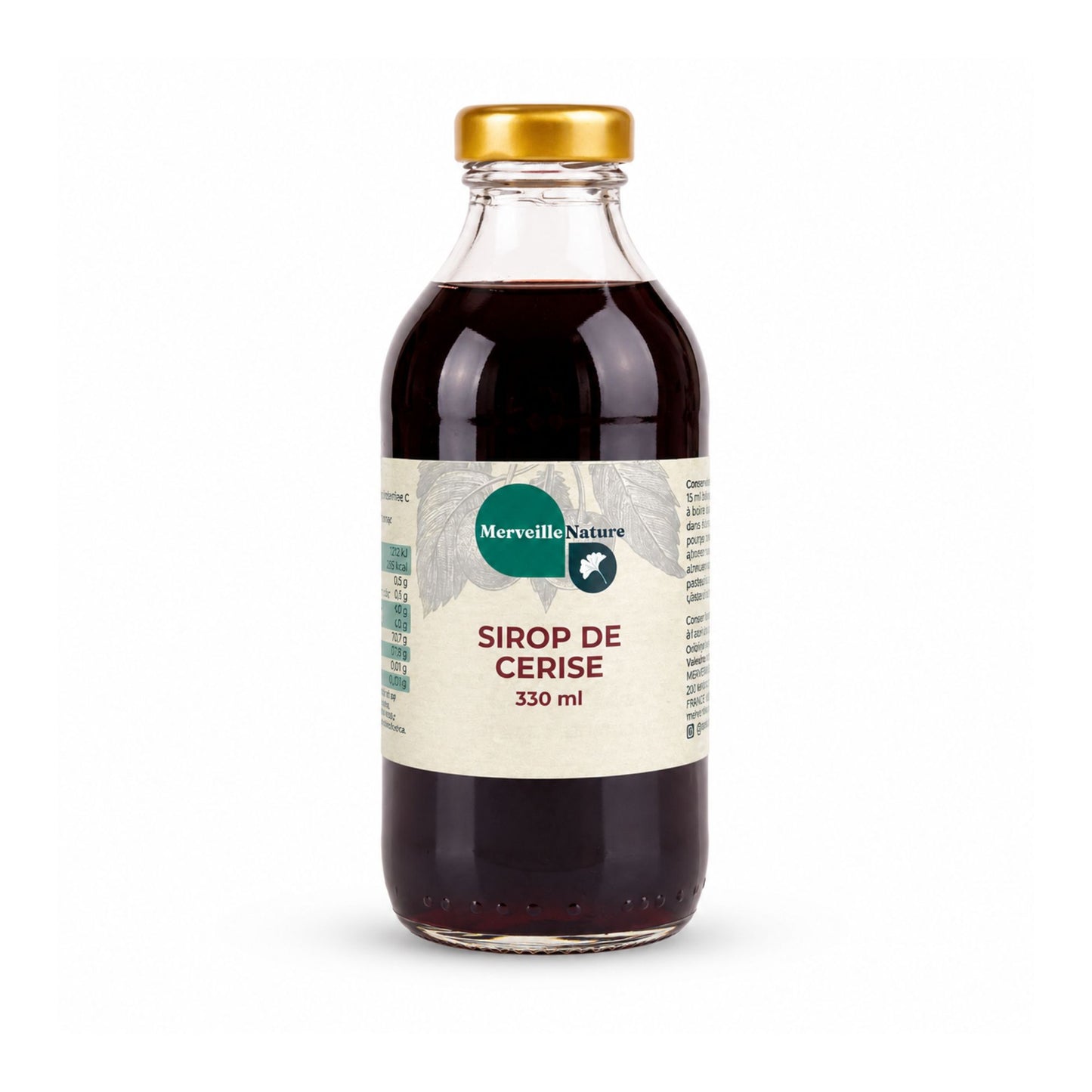 Bouteille de sirop de cerise MerveilleNature 330 ml sur fond blanc, sirop artisanal fruité pour boissons, desserts et cocktails.