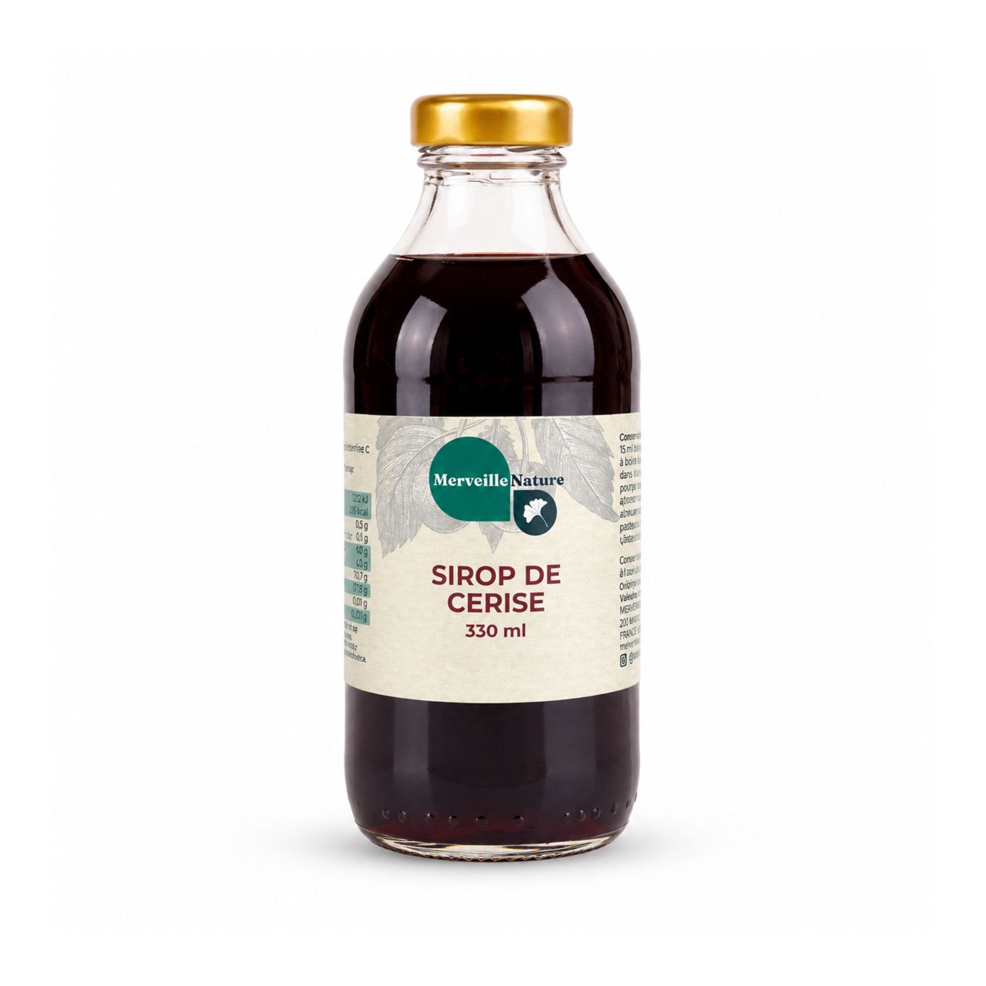 Bouteille de sirop de cerise MerveilleNature 330 ml sur fond blanc, sirop artisanal fruité pour boissons, desserts et cocktails.