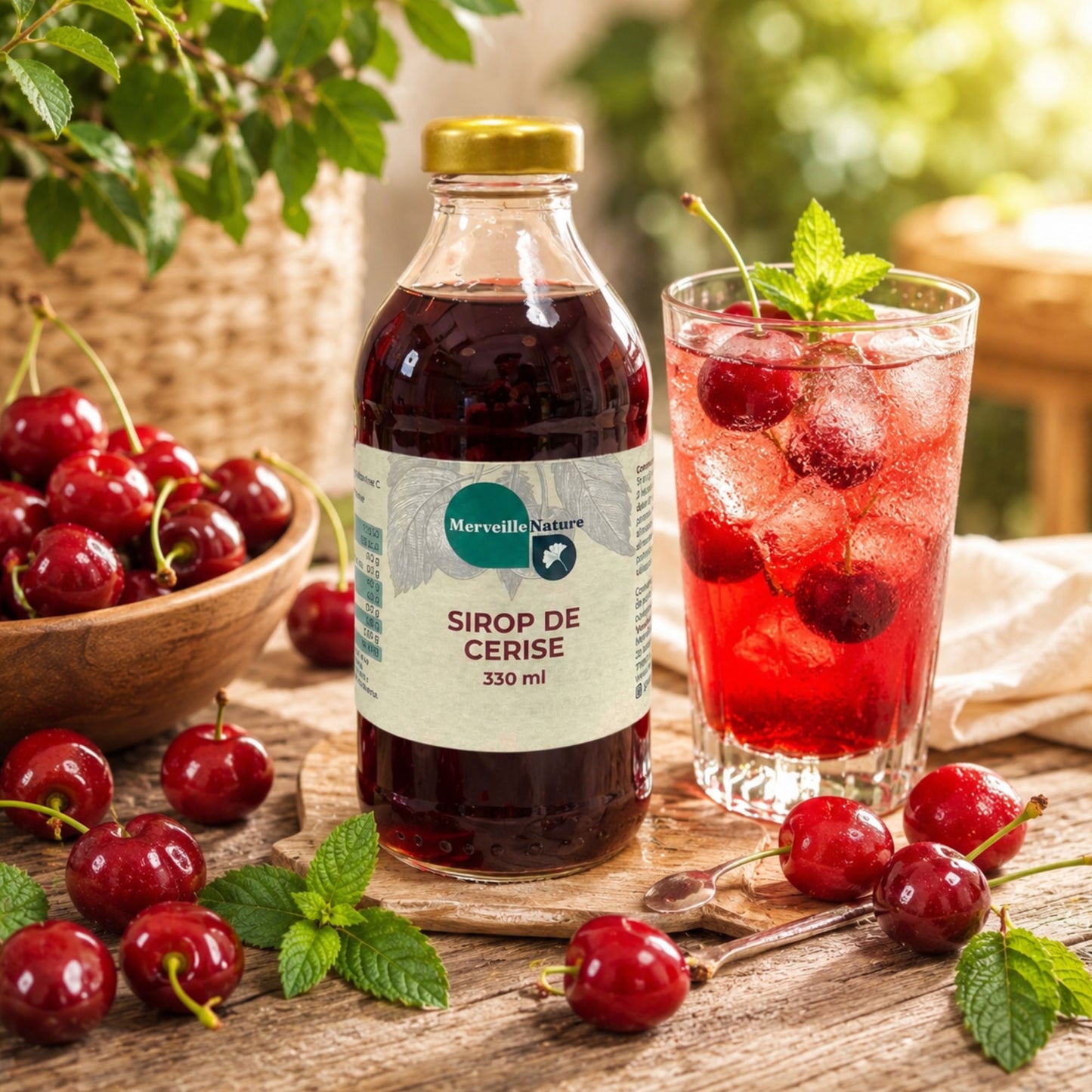 Bouteille de sirop de cerise MerveilleNature avec cerises fraîches et boisson glacée dans une ambiance naturelle, gourmande et estivale.