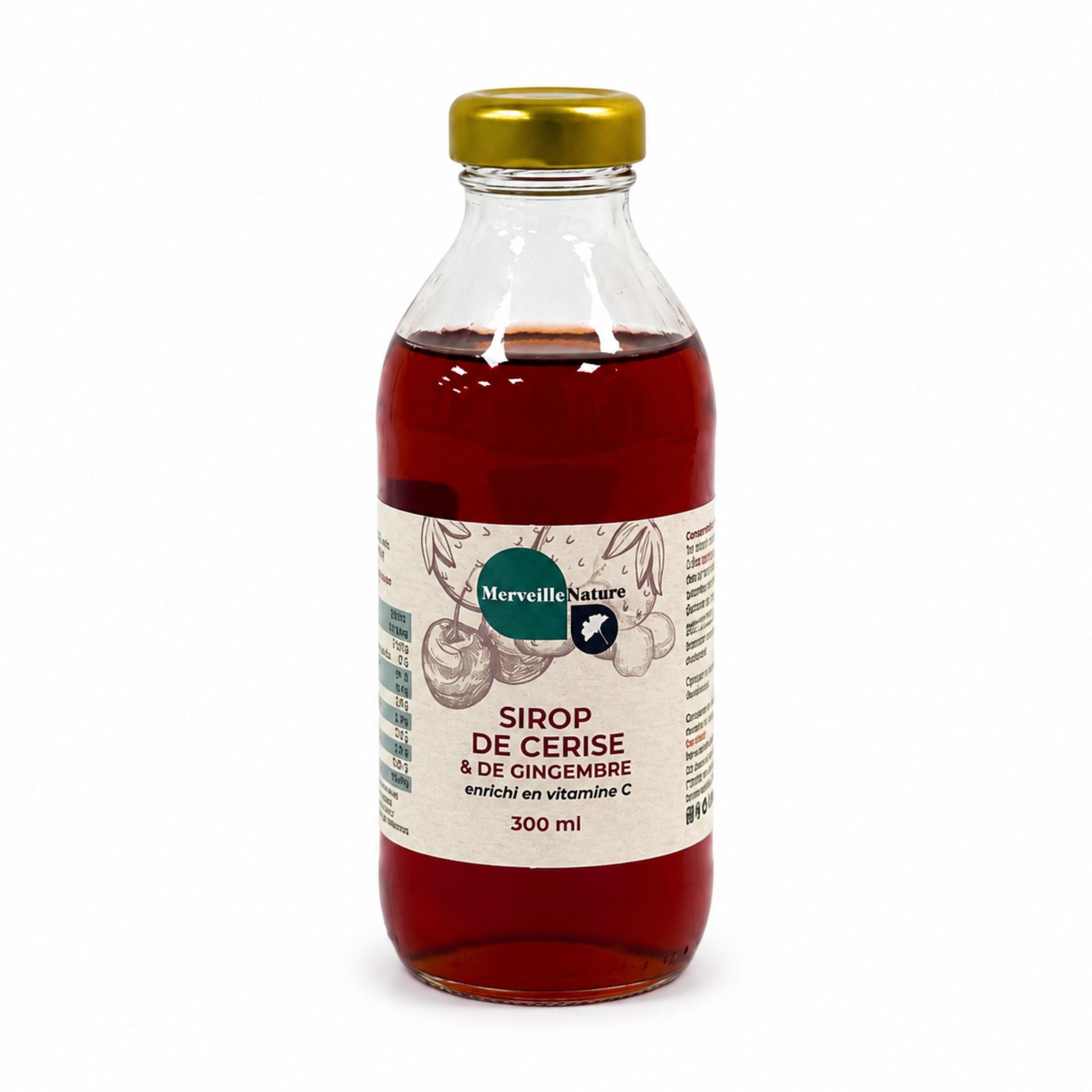 Bouteille de sirop de cerise et gingembre Merveille Nature 300 ml enrichi en vitamine C sur fond blanc, sirop fruité et épicé.