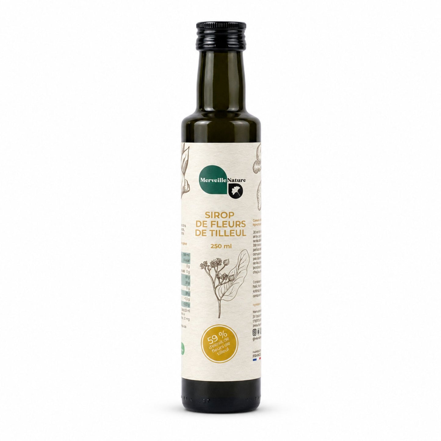 Bouteille de sirop de fleurs de tilleul MerveilleNature sur fond blanc