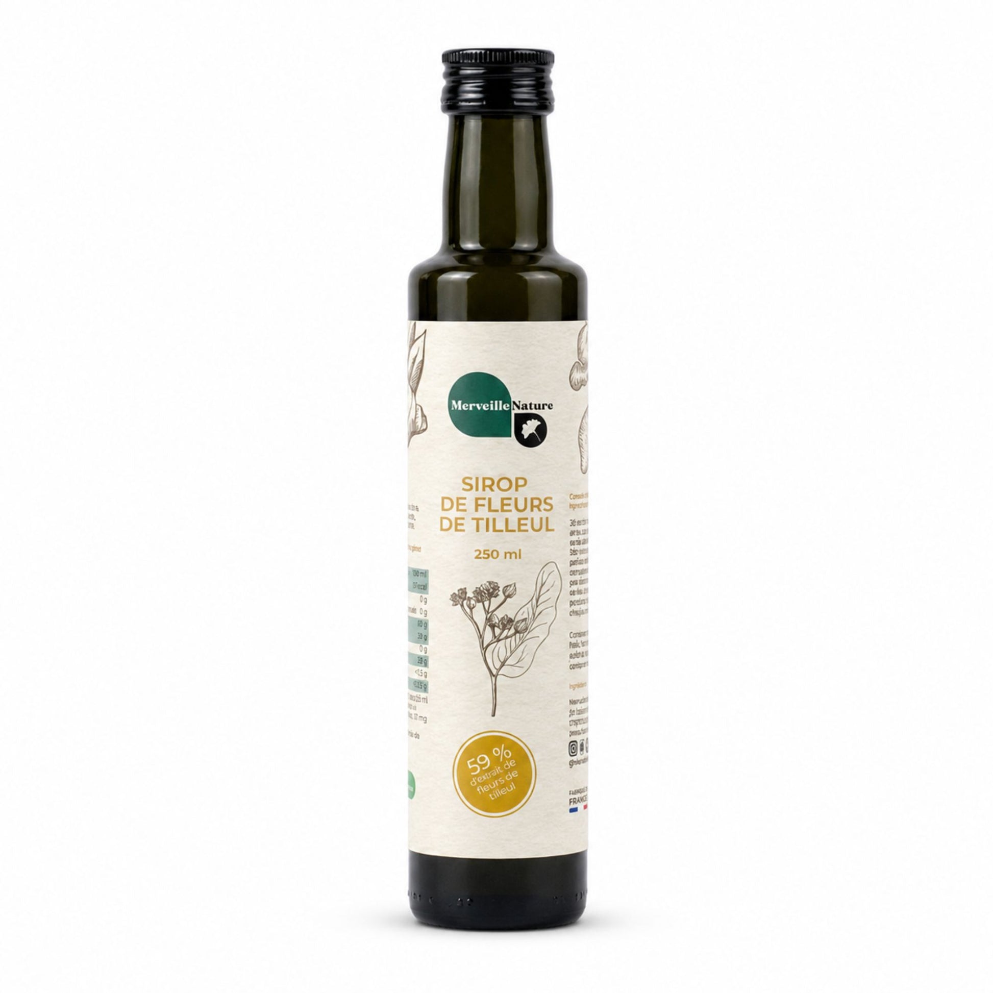 Bouteille de sirop de fleurs de tilleul MerveilleNature sur fond blanc