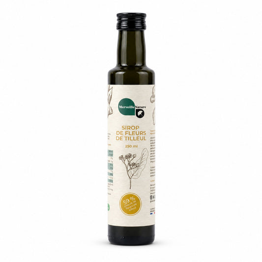 Bouteille de sirop de fleurs de tilleul MerveilleNature sur fond blanc