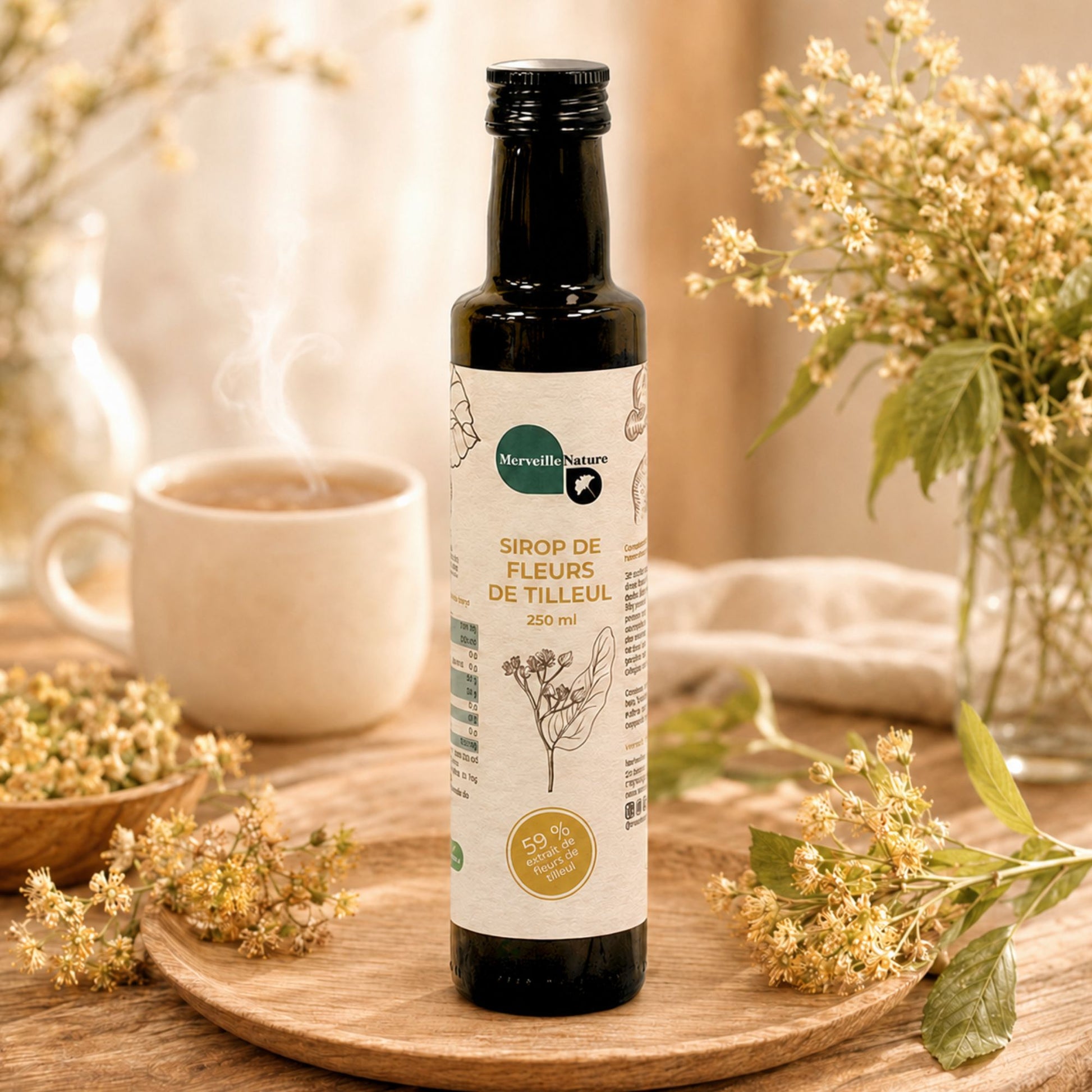 Bouteille de sirop de fleurs de tilleul MerveilleNature dans une ambiance douce et naturelle avec tasse chaude et plantes séchées.