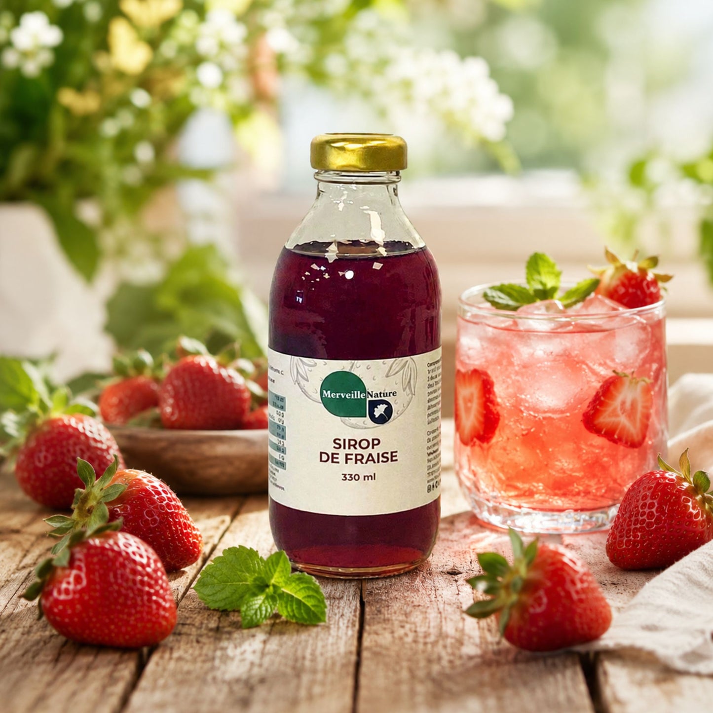 Bouteille de sirop de fraise MerveilleNature avec fraises fraîches et boisson glacée dans une ambiance naturelle, gourmande et estivale.