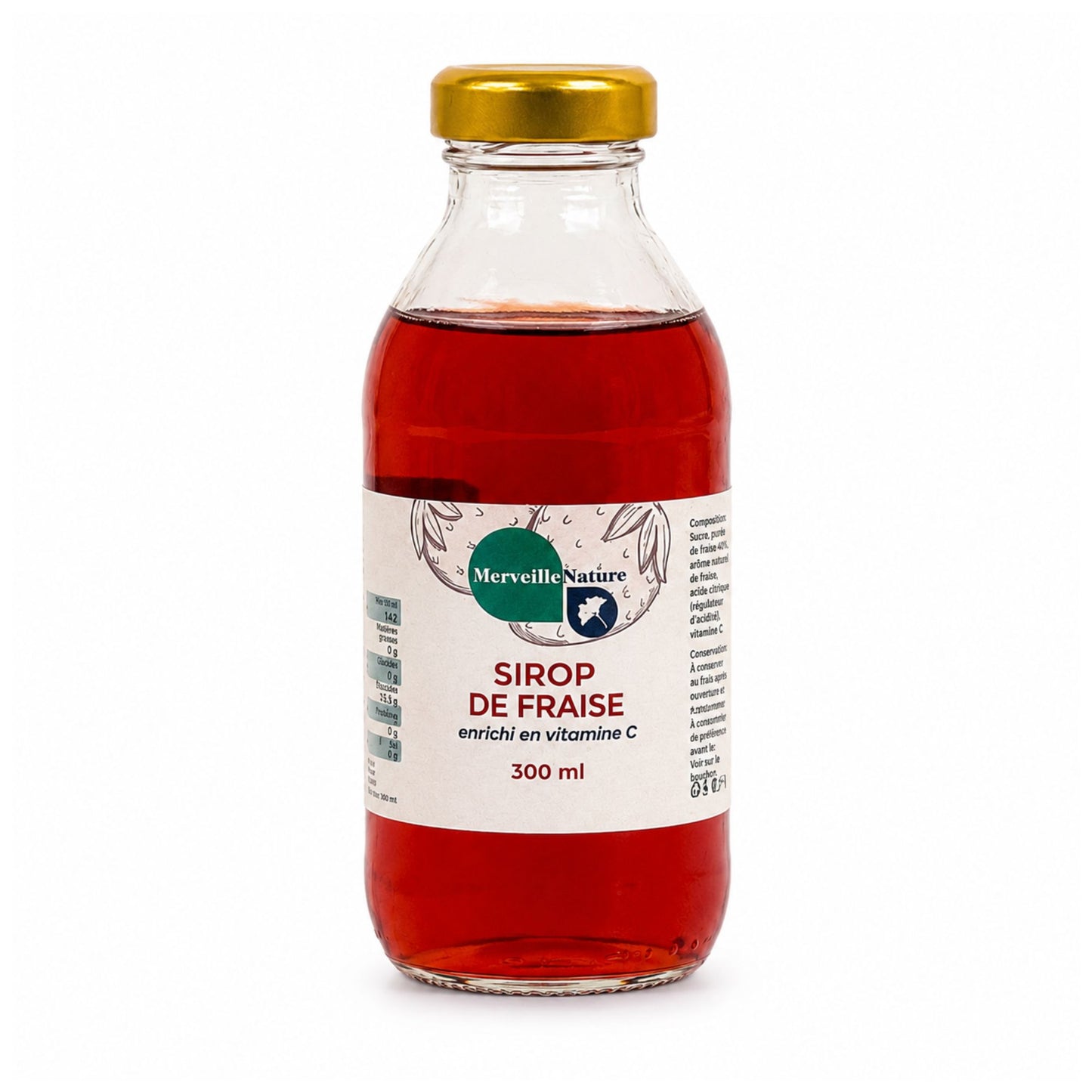 Bouteille de sirop de fraise Merveille Nature 300 ml enrichi en vitamine C sur fond blanc, sirop fruité pour boissons, desserts et cocktails.