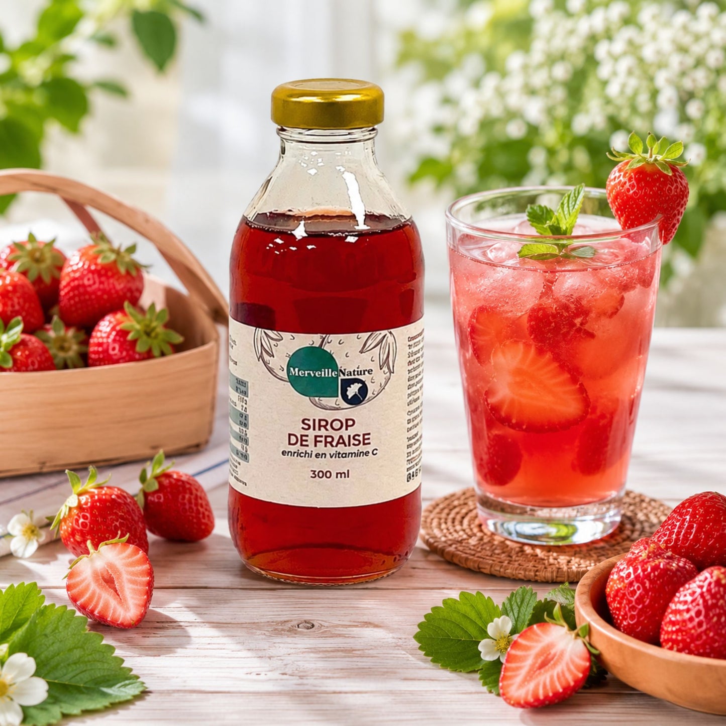 Bouteille de sirop de fraise enrichi en vitamine C MerveilleNature avec fraises fraîches et verre de boisson glacée dans une ambiance lumineuse et naturelle.