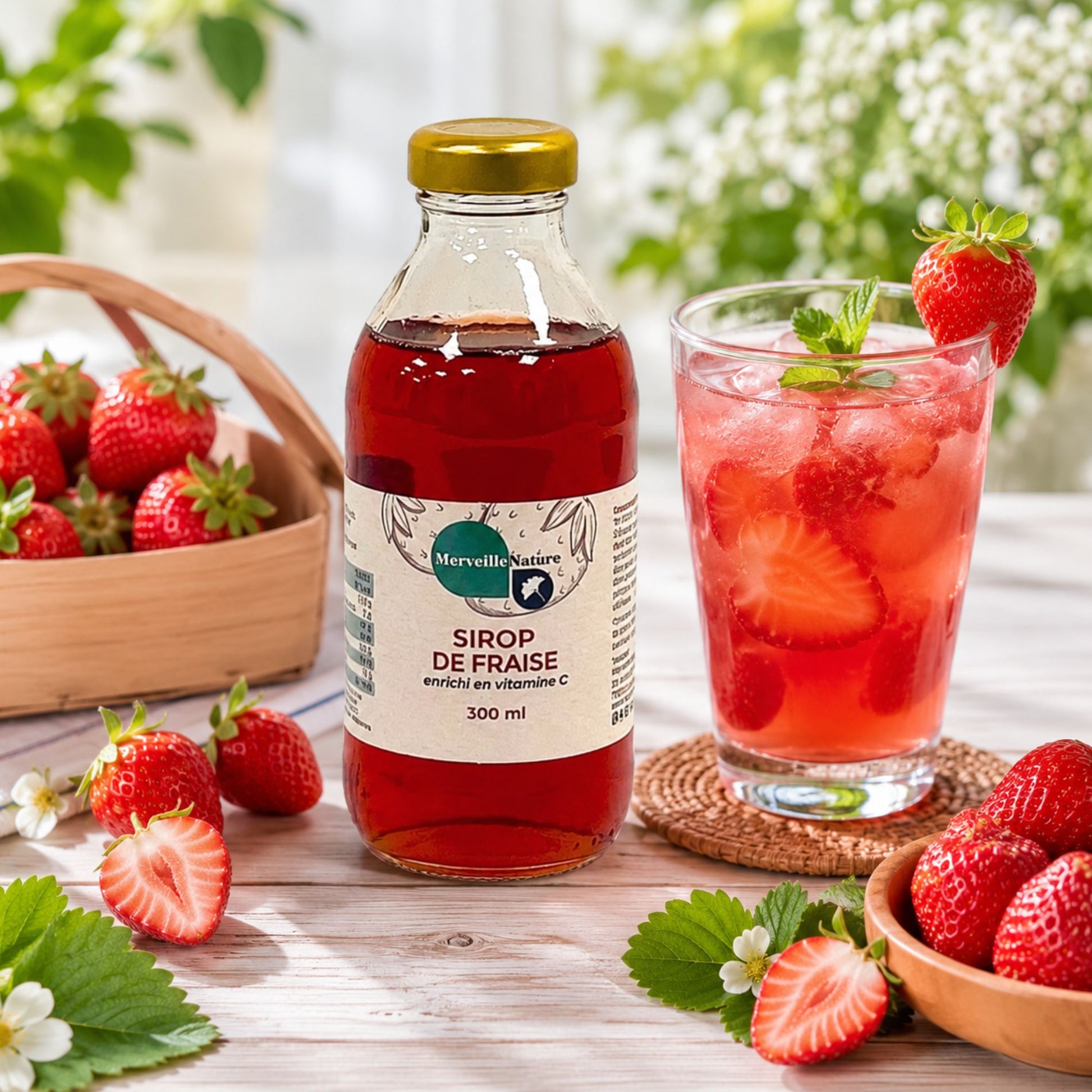 Bouteille de sirop de fraise enrichi en vitamine C MerveilleNature avec fraises fraîches et verre de boisson glacée dans une ambiance lumineuse et naturelle.