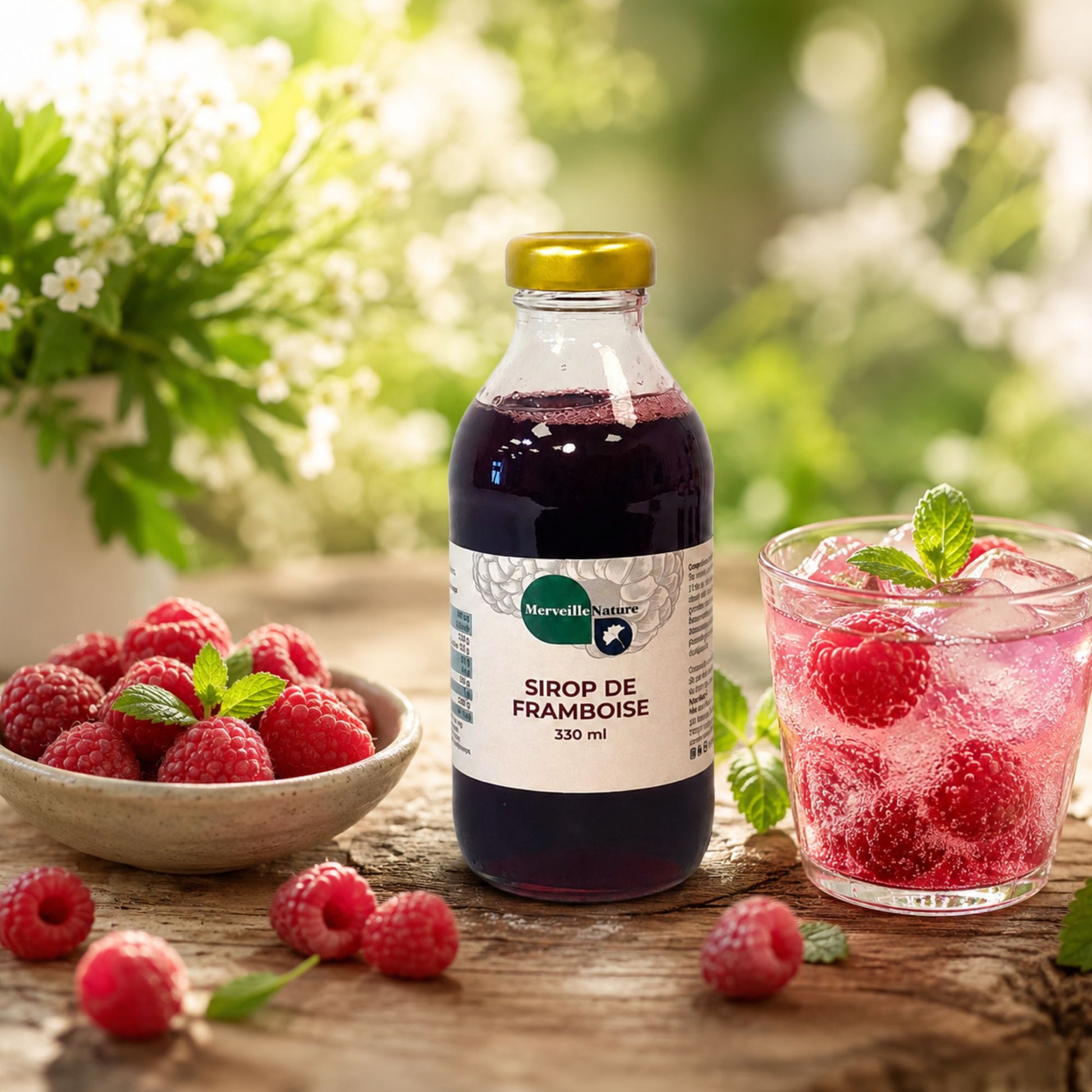 Sirop de framboise MerveilleNature dans une ambiance fraîche et gourmande. Boisson à la framboise avec sirop MerveilleNature. 