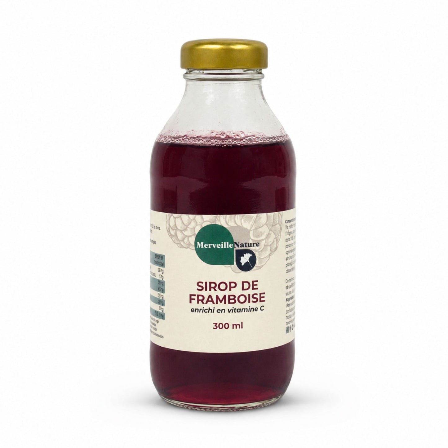 Bouteille de sirop de framboise MerveilleNature 300 ml enrichi en vitamine C sur fond blanc, sirop fruité pour boisson rafraîchissante.