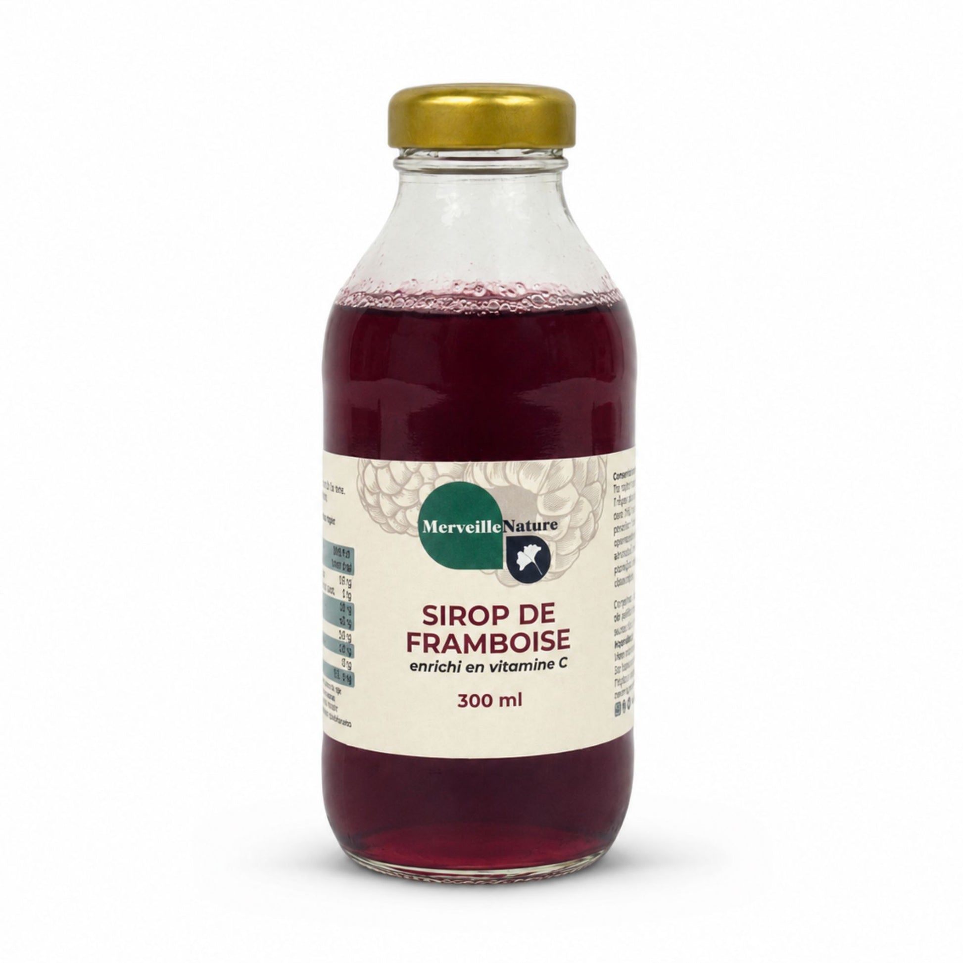 Bouteille de sirop de framboise MerveilleNature 300 ml enrichi en vitamine C sur fond blanc, sirop fruité pour boisson rafraîchissante.
