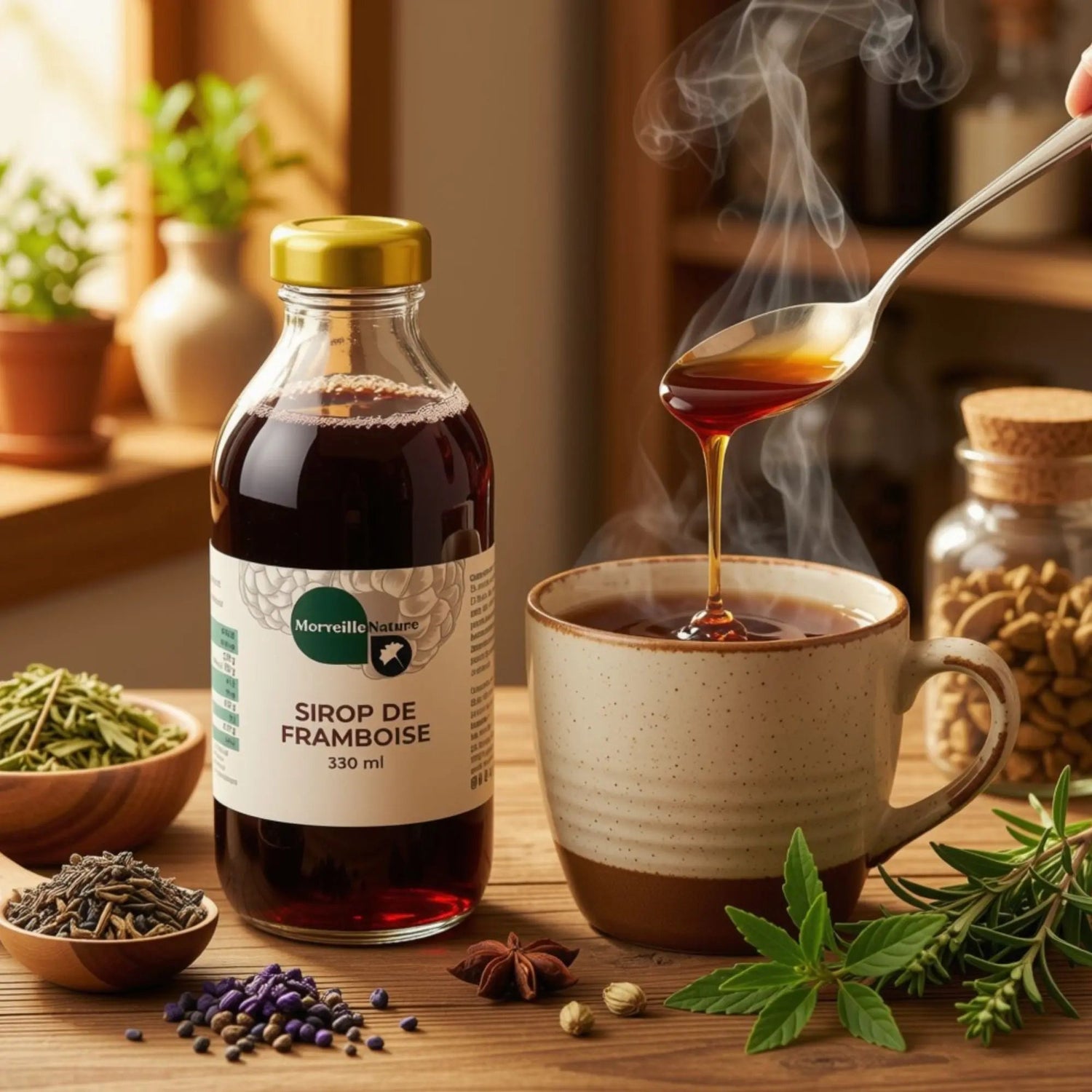 Sirop traditionnel MerveilleNature ajouté dans une tisane chaude pour apporter une touche naturellement gourmande aux infusions.