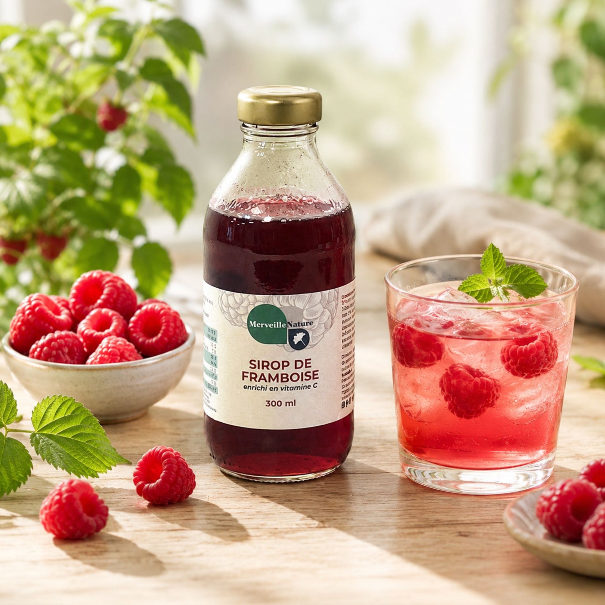 Sirop de framboise enrichi en vitamine C Merveille Nature présenté avec framboises fraîches et boisson glacée dans une ambiance naturelle et gourmande.