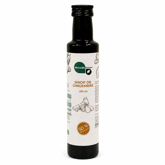 Bouteille de sirop de gingembre MerveilleNature sur fond blanc.
