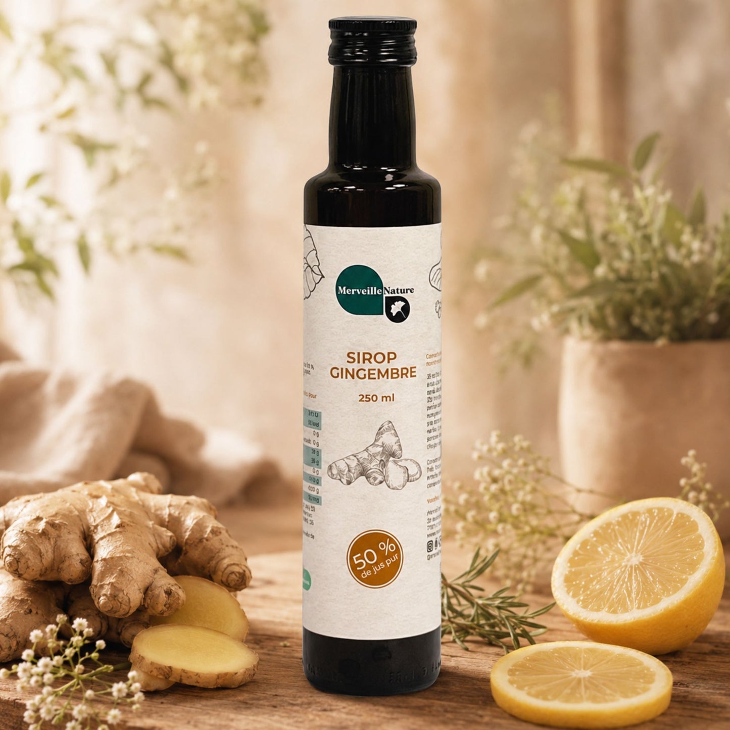Bouteille de sirop de gingembre MerveilleNature dans une ambiance naturelle avec gingembre frais, citron et épices.