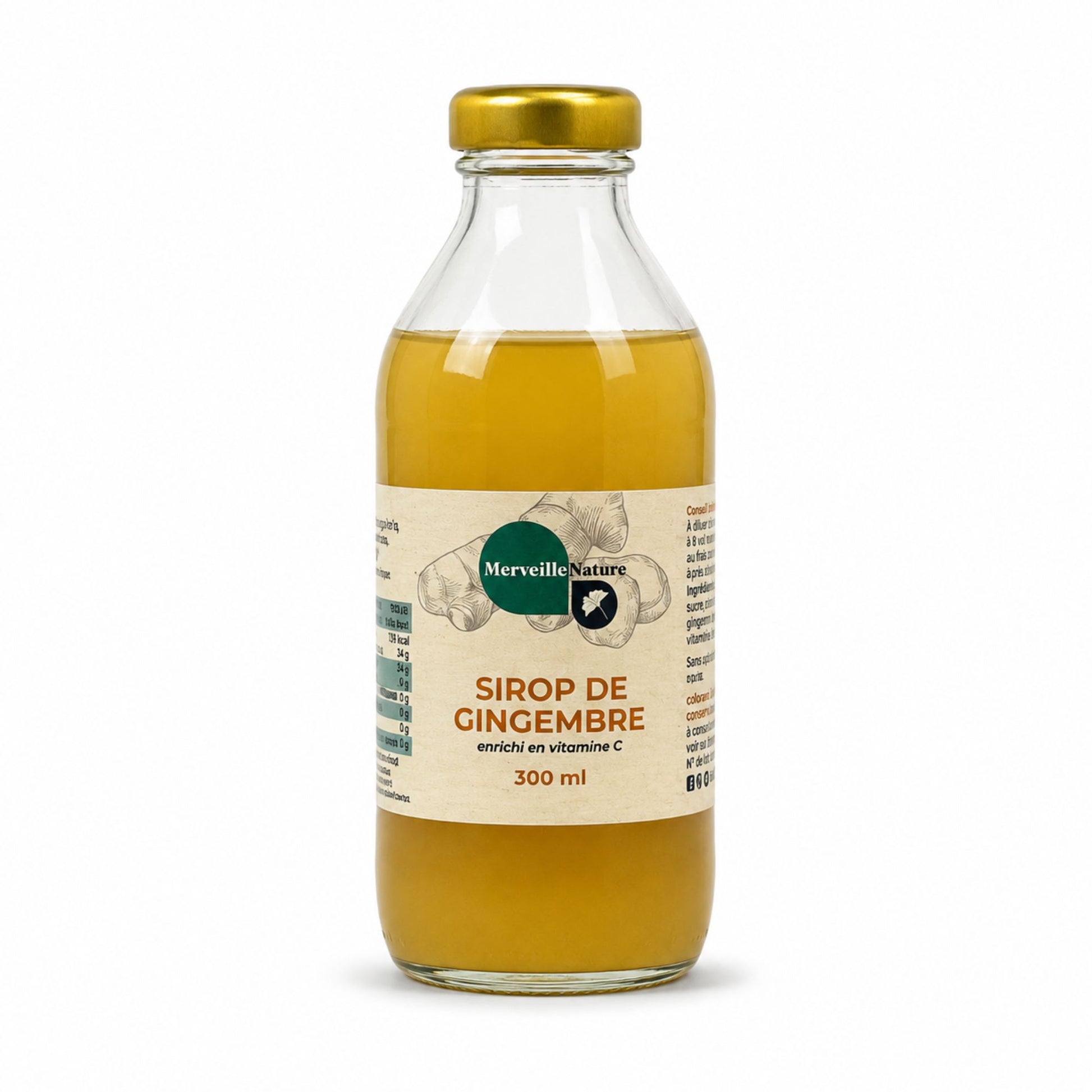 Bouteille de sirop de gingembre MerveilleNature 300 ml enrichi en vitamine C sur fond blanc, sirop naturel au goût frais et épicé.