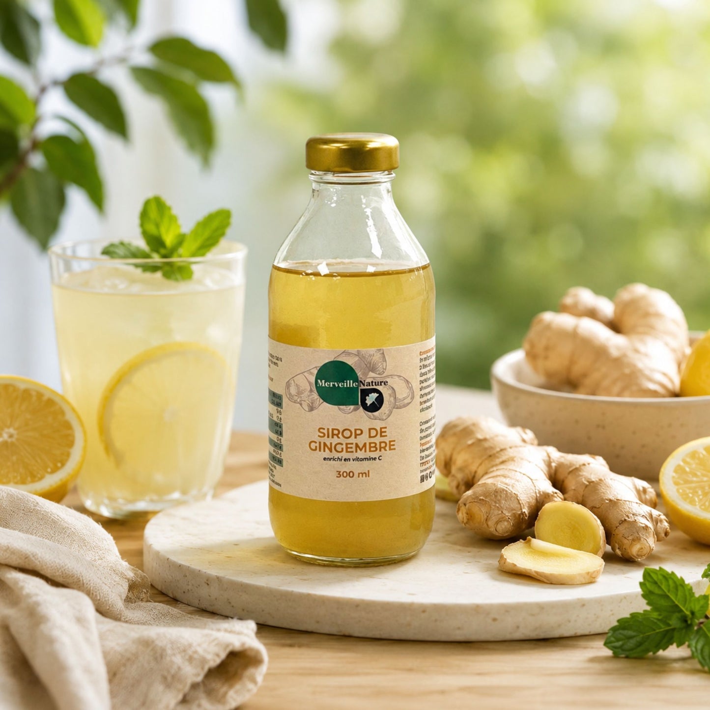 Bouteille de sirop de gingembre enrichi en vitamine C MerveilleNature avec gingembre frais, citron et verre de boisson glacée dans une ambiance bien-être.