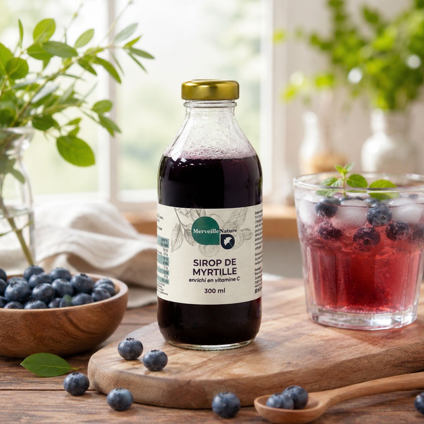 Sirop de myrtille enrichi en vitamine C Merveille Nature avec myrtilles fraîches et boisson glacée dans une ambiance naturelle et rafraîchissante.