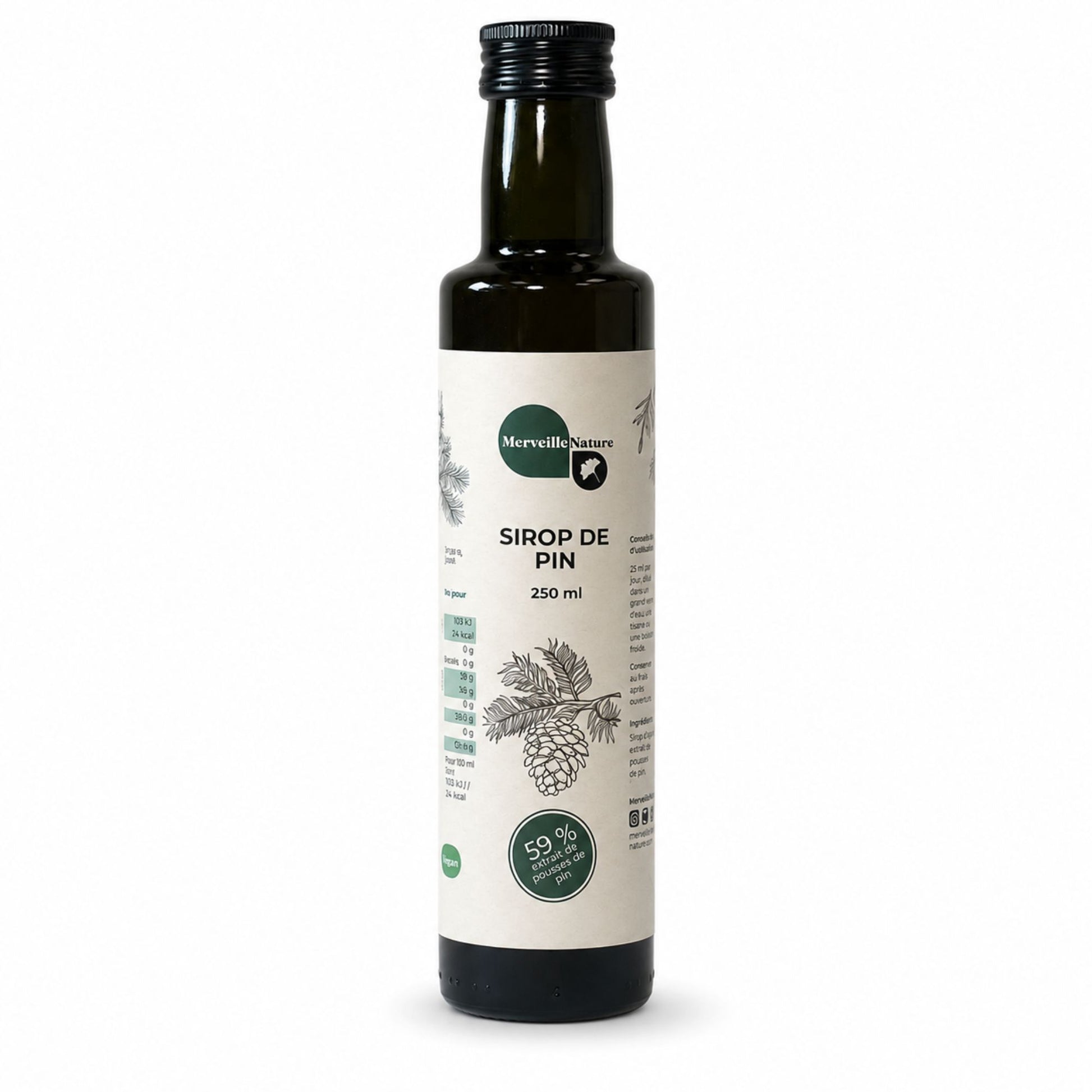 Bouteille de sirop de pin MerveilleNature sur fond blanc, photo produit nette pour boutique en ligne.