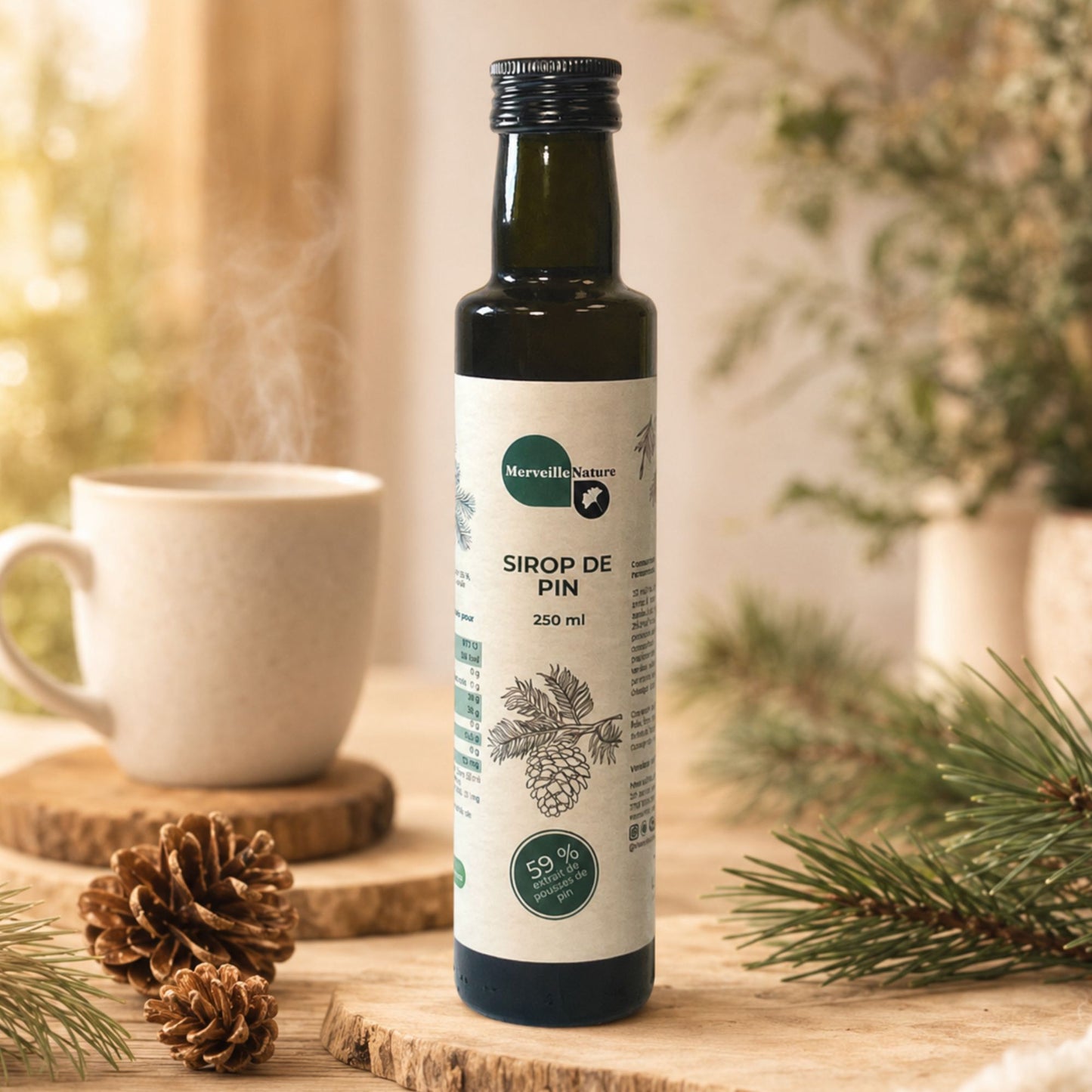 Bouteille de sirop de pin MerveilleNature dans une ambiance cocooning et naturelle avec branches de pin et tasse chaude en arrière-plan.
