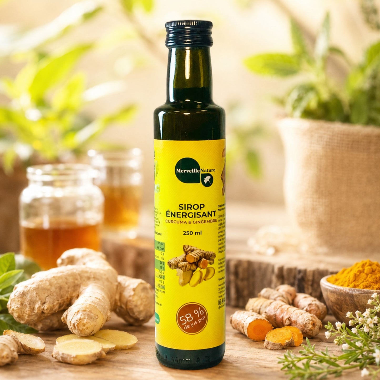 Bouteille de sirop énergisant MerveilleNature au curcuma et gingembre, mise en scène dans un décor naturel et chaleureux avec gingembre et agrumes.