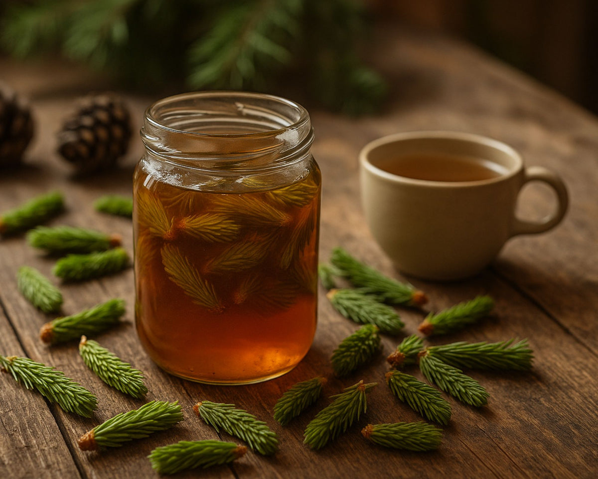 Sirop de pousses de pin en pot de verre, entouré de pousses de pin fraîches sur une table en bois.