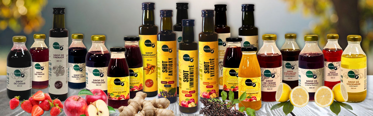 Sirops artisanaux et shots bien-être Merveille Nature, riches en vitamine C, illustrés sur une bannière naturelle évoquant santé, énergie et plaisir.