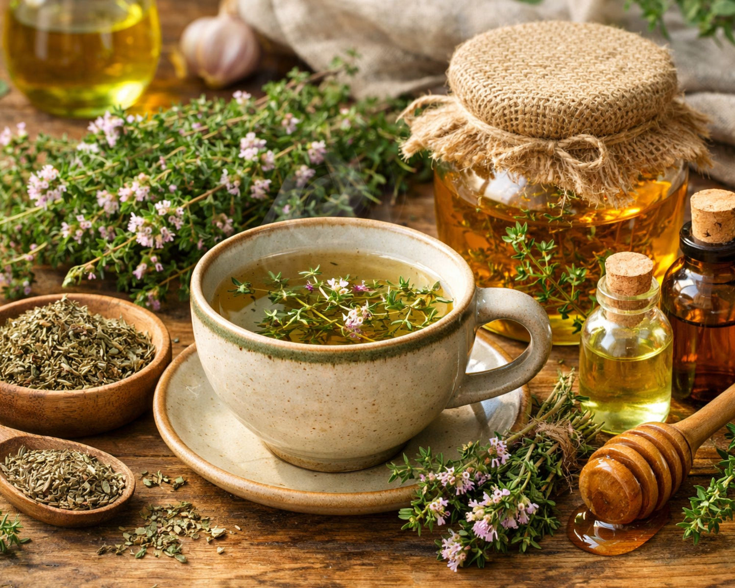 Branches de thym frais et sec avec fleurs délicates, infusion dans une tasse en céramique, bocal de miel au thym et petites fioles d’huile essentielle, dans une ambiance méditerranéenne, apaisante et naturelle, évoquant la santé, le bien-être et la médecine douce.