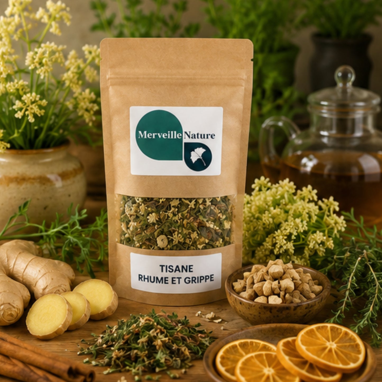 Sachet de Tisane Rhume & Grippe MerveilleNature accompagné d'un mélange de plantes médicinales pour accompagner les refroidissements, le mal de gorge et le confort des voies respiratoires.
