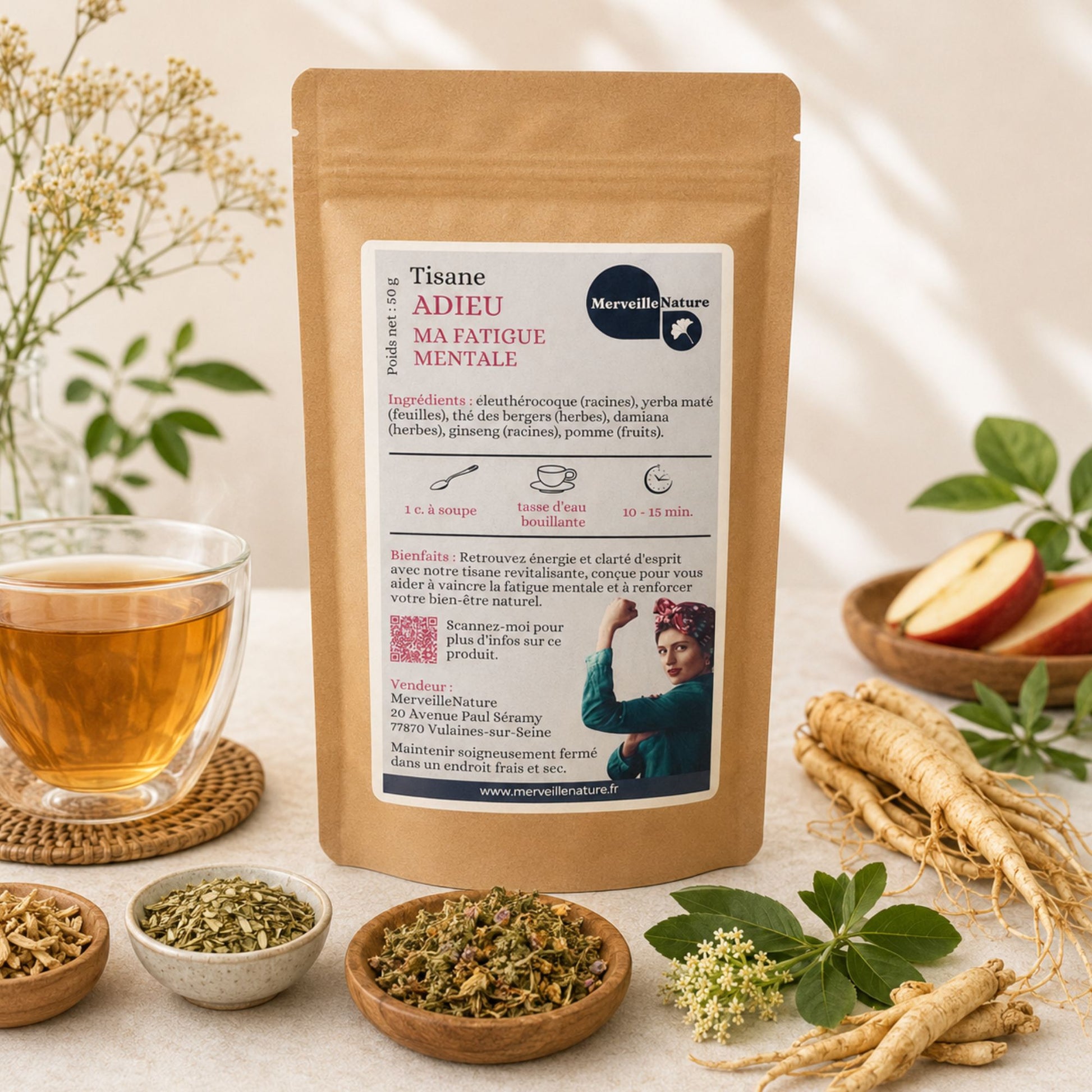  Sachet de tisane Adieu Ma Fatigue Mentale MerveilleNature avec tasse de thé et ingrédients naturels, infusion tonique pour soutenir l’énergie et le bien-être mental.