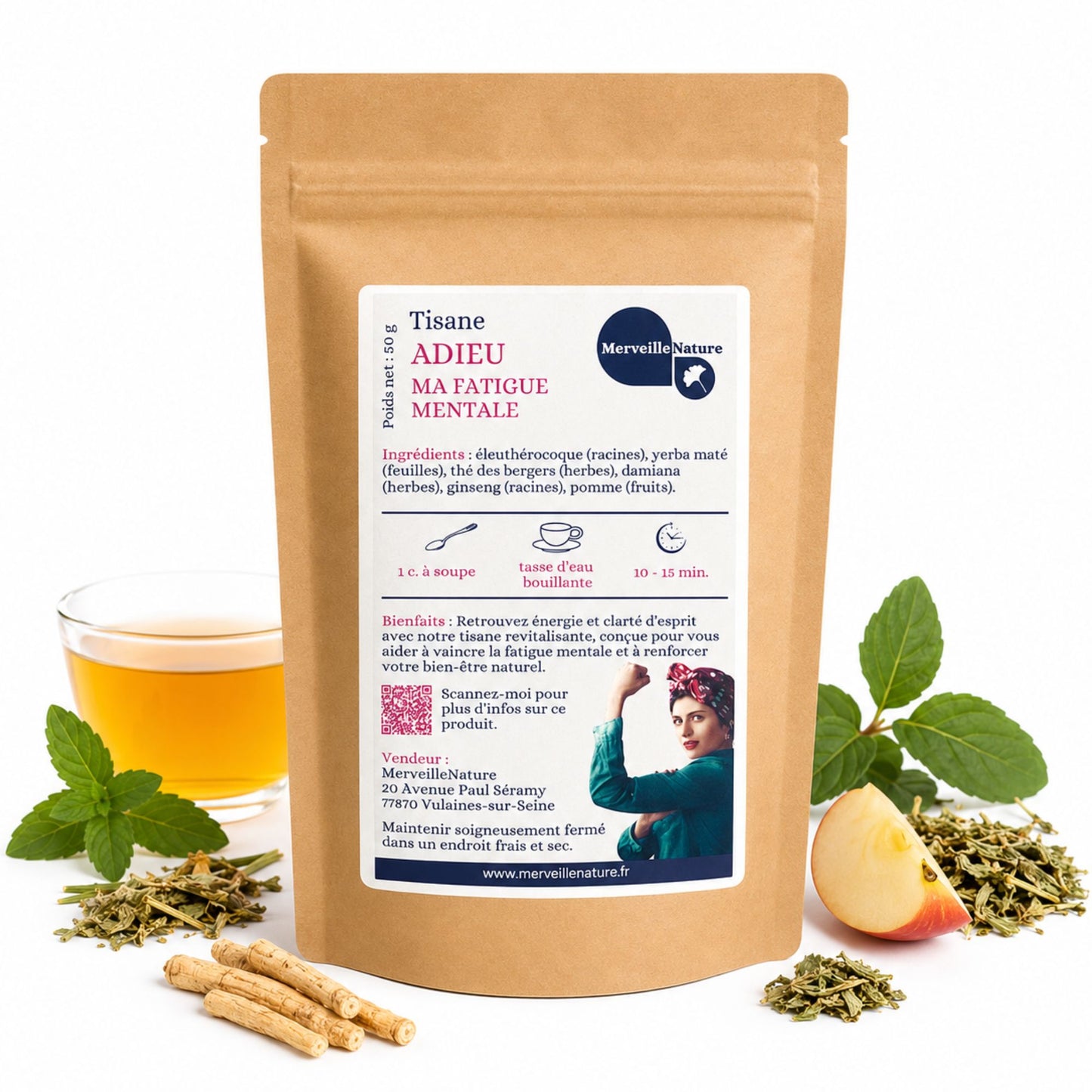 Tisane Adieu Ma Fatigue Mentale MerveilleNature, infusion naturelle revitalisante avec éleuthérocoque, yerba maté, damiana, ginseng et pomme