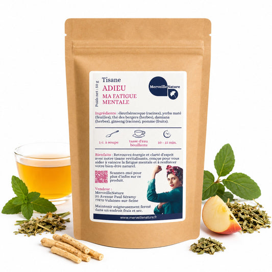 Tisane Adieu Ma Fatigue Mentale MerveilleNature, infusion naturelle revitalisante avec éleuthérocoque, yerba maté, damiana, ginseng et pomme