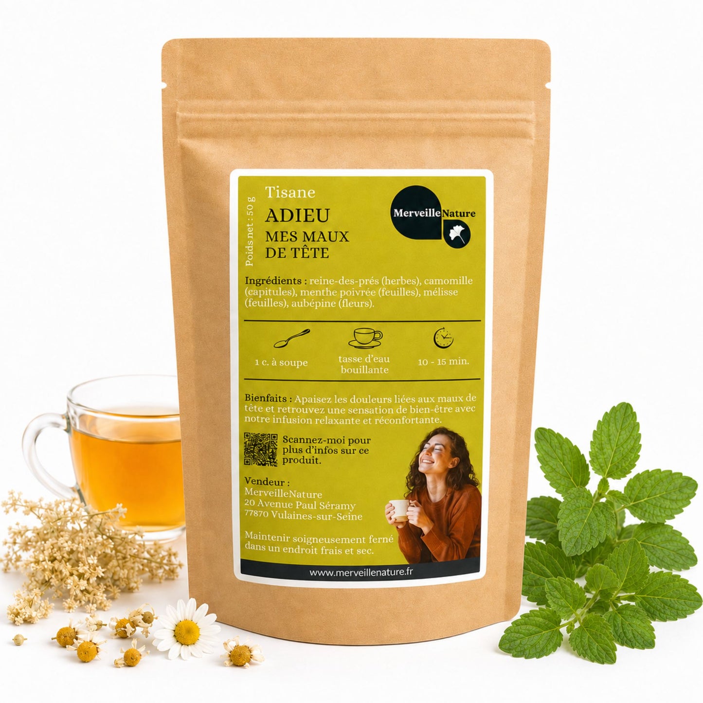 Tisane Adieu Mes Maux de Tête MerveilleNature, infusion naturelle relaxante avec reine-des-prés, camomille, menthe poivrée, mélisse et aubépine