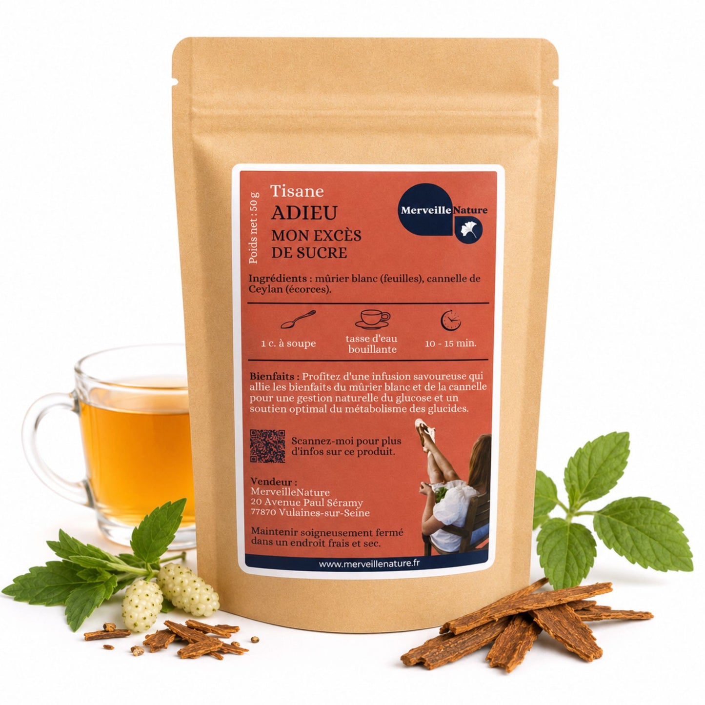 Tisane Adieu Mon Excès de Sucre MerveilleNature, infusion naturelle au mûrier blanc et à la cannelle de Ceylan