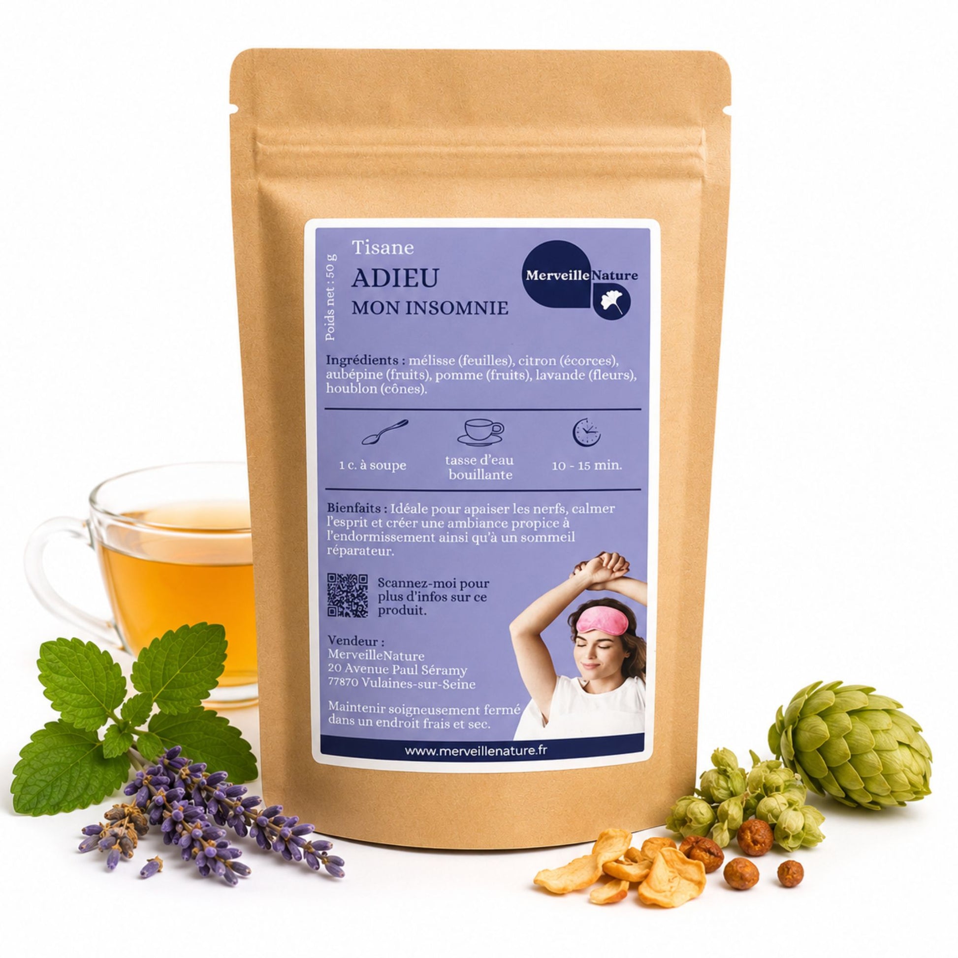 Tisane Adieu Mon Insomnie MerveilleNature, infusion naturelle du soir avec mélisse, citron, aubépine, pomme, lavande et houblon