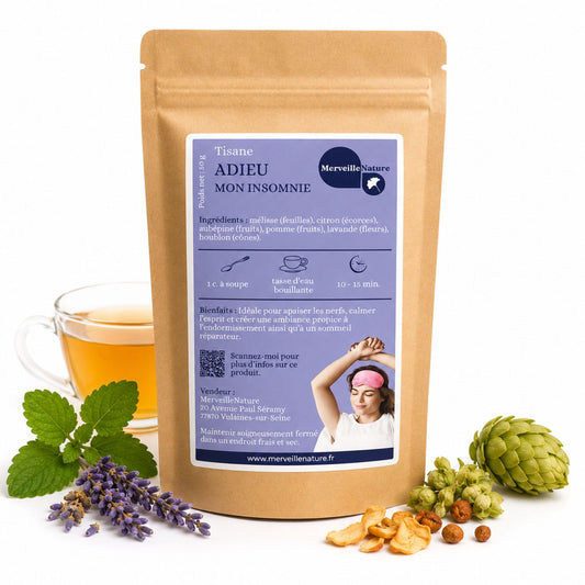 Tisane Adieu Mon Insomnie MerveilleNature, infusion naturelle du soir avec mélisse, citron, aubépine, pomme, lavande et houblon
