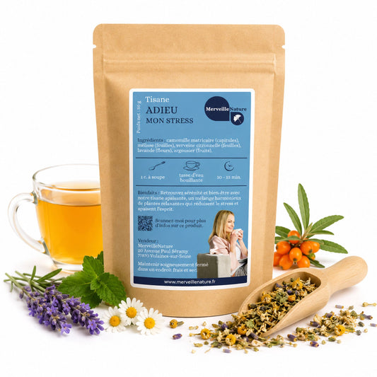 Tisane Adieu Mon Stress MerveilleNature, infusion naturelle aux plantes relaxantes avec camomille, mélisse, verveine, lavande et argousier