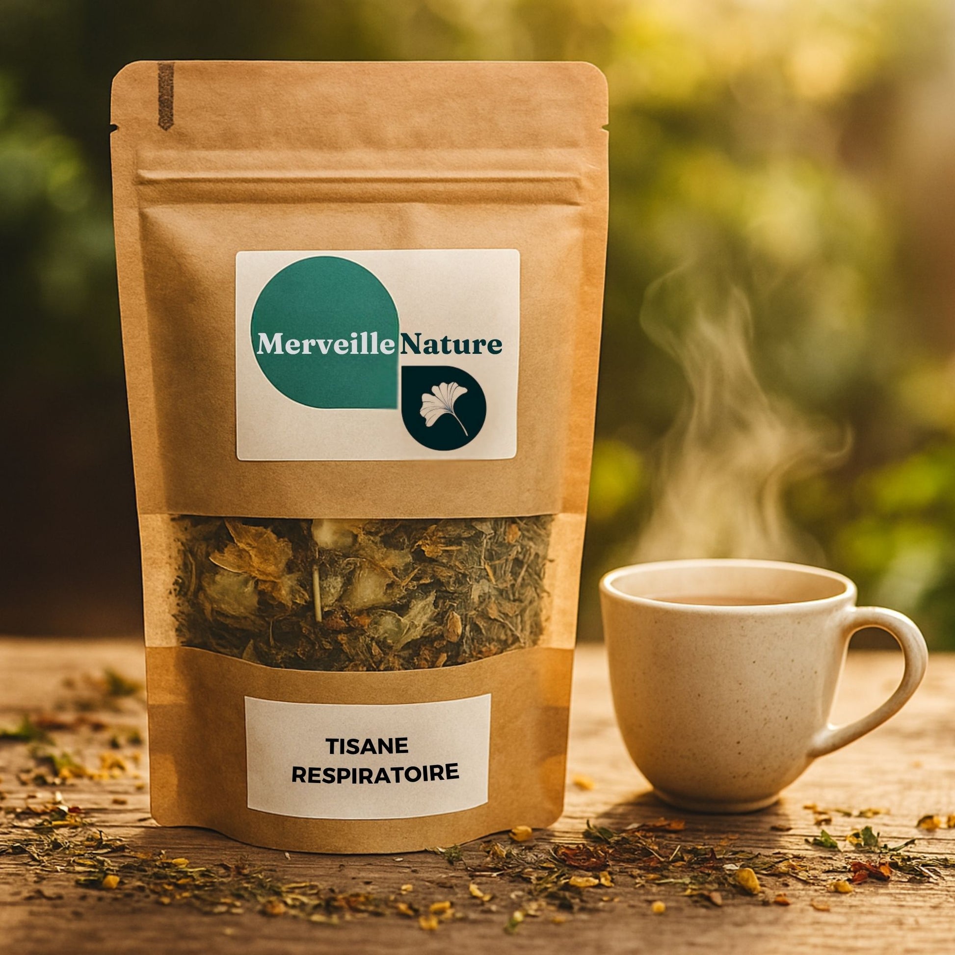 Sachet kraft de tisane Bien-Être Respiratoire posé sur une table en bois rustique, entouré de feuilles séchées, fleurs et herbes naturelles. À côté, une tasse de tisane chaude dégage une douce vapeur. Lumière naturelle, ambiance apaisante et artisanale évoquant la détente et la nature – MerveilleNature.