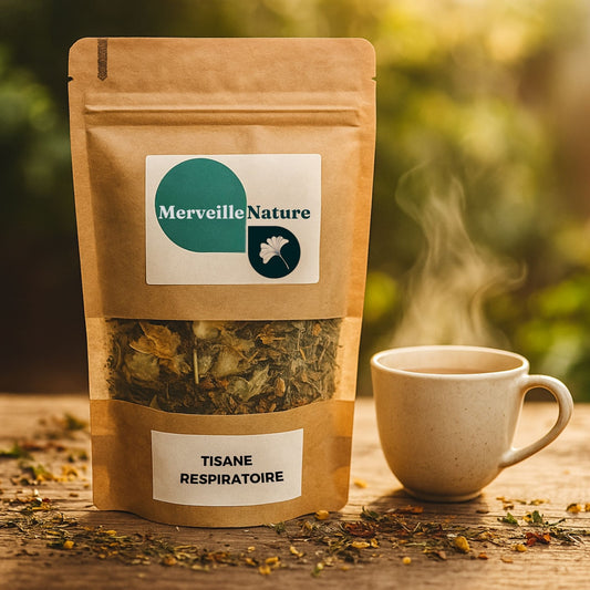 Sachet kraft de tisane Bien-Être Respiratoire posé sur une table en bois rustique, entouré de feuilles séchées, fleurs et herbes naturelles. À côté, une tasse de tisane chaude dégage une douce vapeur. Lumière naturelle, ambiance apaisante et artisanale évoquant la détente et la nature – MerveilleNature.