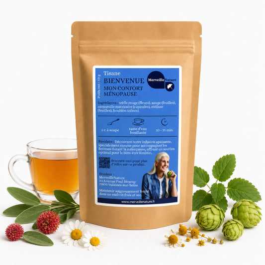 Tisane Bienvenue Mon Confort Ménopause MerveilleNature, infusion naturelle pour le bien-être féminin avec trèfle rouge, sauge, camomille, mélisse et houblon