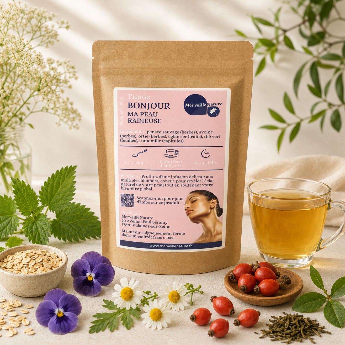 Sachet de tisane Bonjour Ma Peau Radieuse MerveilleNature avec tasse de thé et ingrédients naturels, infusion bien-être pour la peau et l’éclat du teint.