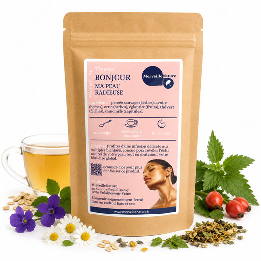 Tisane Bonjour Ma Peau Radieuse MerveilleNature, infusion naturelle pour la peau avec pensée sauvage, avoine, ortie, thé vert et camomille
