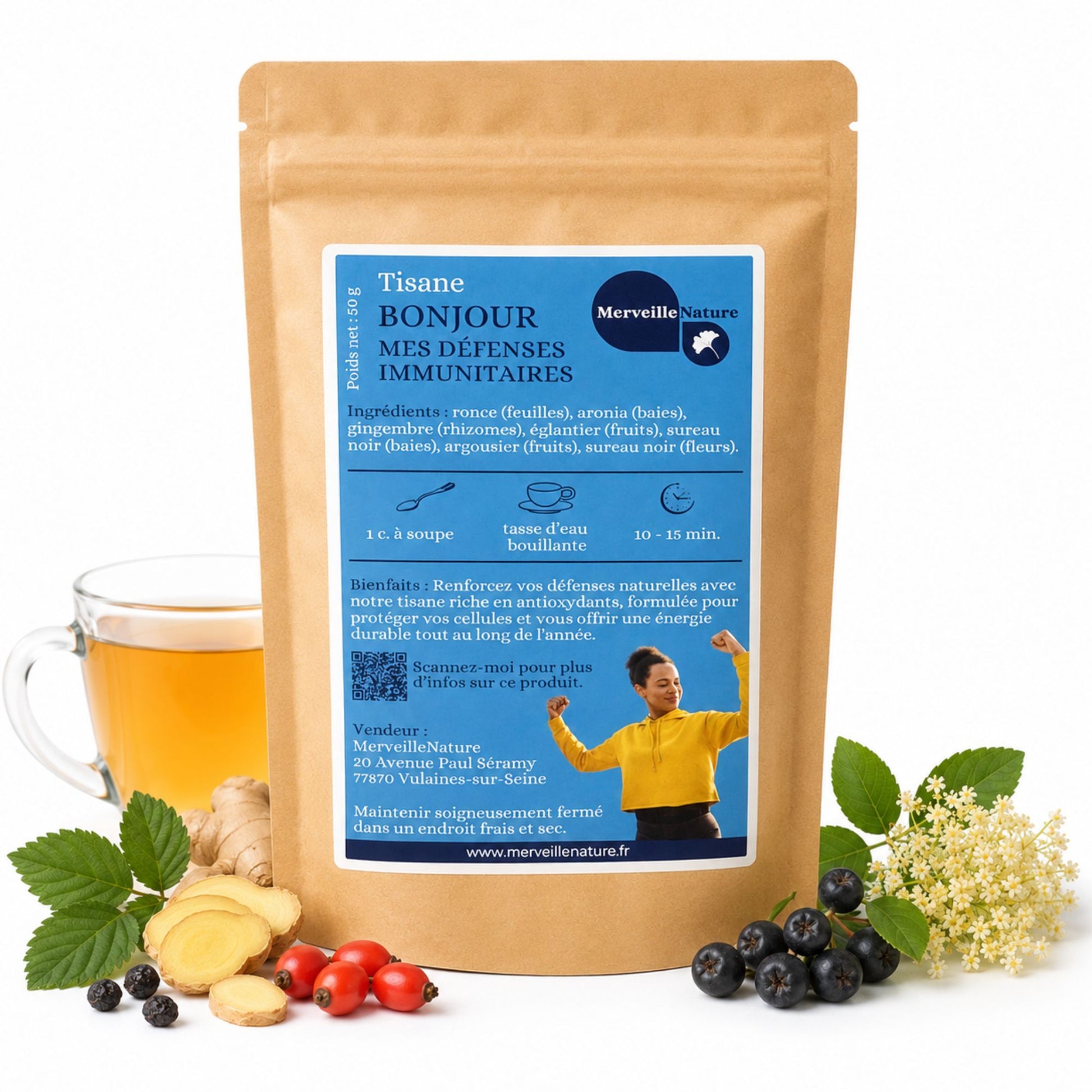 Tisane Bonjour Mes Défenses Immunitaires MerveilleNature, infusion naturelle aux plantes médicinales, gingembre, aronia, églantier, sureau noir et argousier