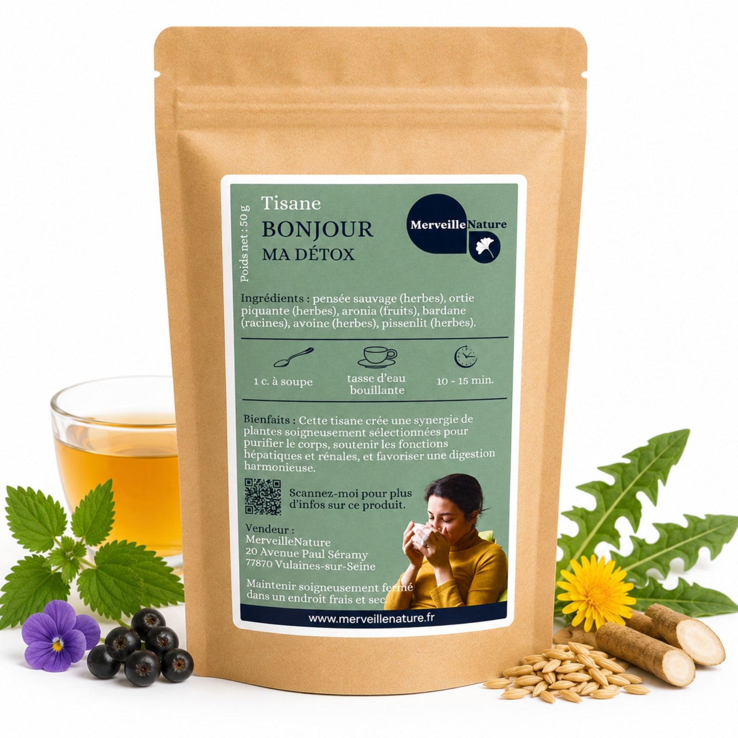 Tisane Bonjour Ma Détox MerveilleNature, infusion naturelle détox aux plantes avec ortie, bardane, pissenlit, avoine et aronia