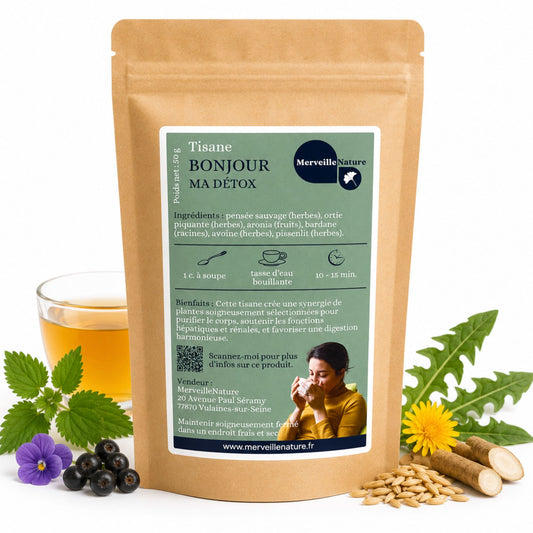 Tisane Bonjour Ma Détox MerveilleNature, infusion naturelle détox aux plantes avec ortie, bardane, pissenlit, avoine et aronia