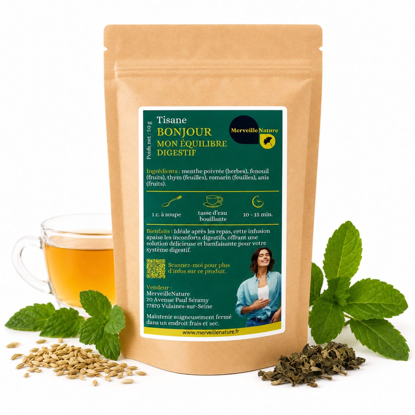 Tisane Bonjour Mon Équilibre Digestif MerveilleNature, infusion naturelle digestive avec menthe poivrée, fenouil, thym, romarin et anis