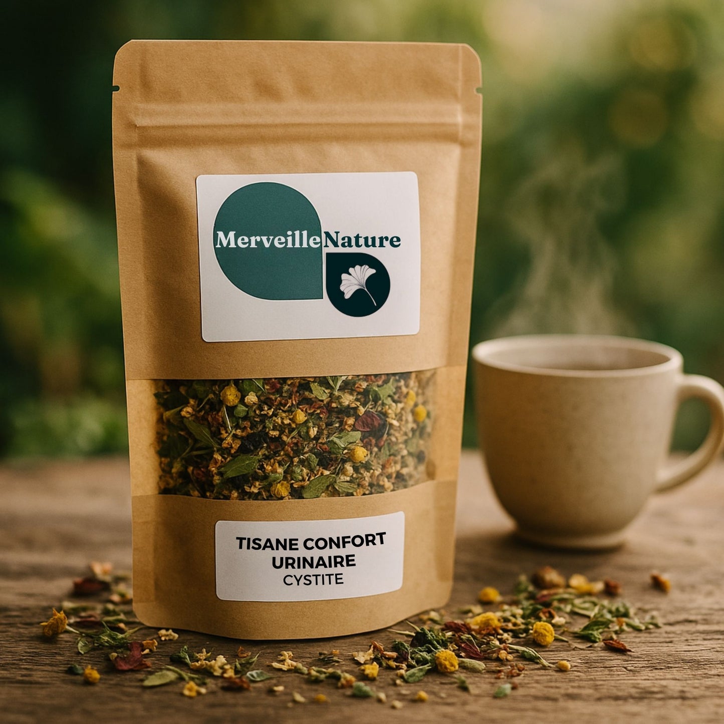 Sachet kraft de tisane Confort Urinaire – Cystite posé sur une table en bois rustique, entouré de plantes séchées et de fleurs aux vertus drainantes et apaisantes. À côté, une tasse de tisane chaude laisse échapper une douce vapeur. Lumière naturelle et ambiance chaleureuse évoquant le bien-être urinaire et la détente – MerveilleNature.
